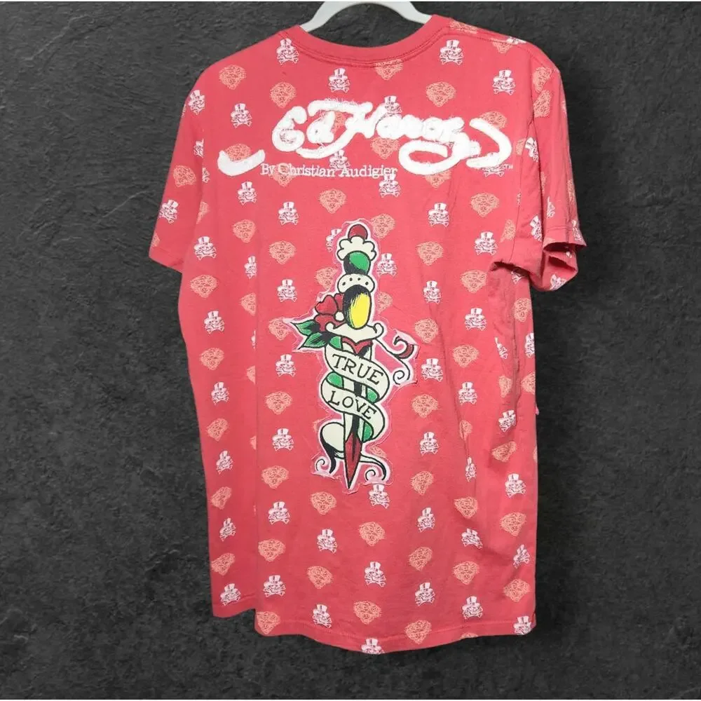 Ed Hardy Red Skull Heart Dagge Red T-Shirt Embroidered Christian Audigier Sz L